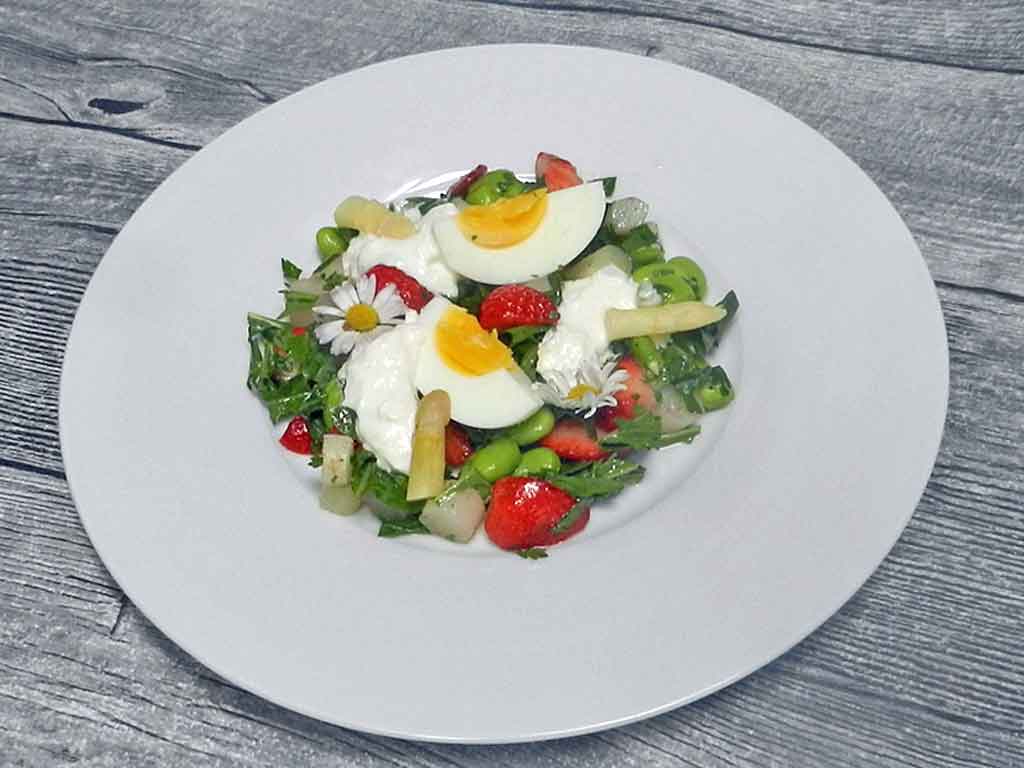 Mischsalat: dicke Bohnen, Spargel, Erdbeeren, STracciatella